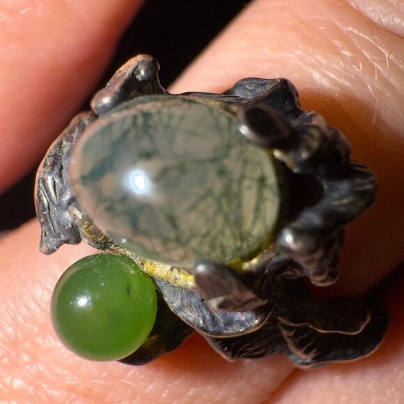 VINTAGE Moss Agate 925 Sterling Silver Artisan Brutalist Ring Sz. 5.25 Gemstone - Picture 2 of 14